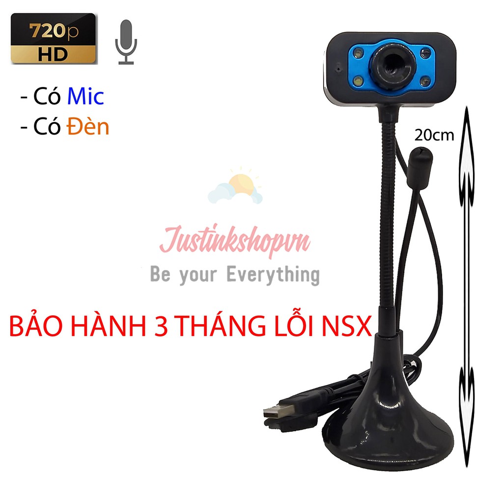 Webcam 720p HD USB Chân Cao 20cm Có Mic Có Đèn Làm Camera Quay Quan Sát Gói Hàng Lưu Trên Máy Tính - JLVQ-3982-WCHD