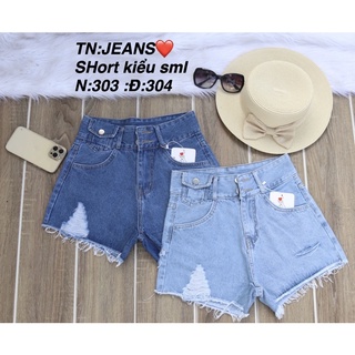 Quần short jean nữ cotton lưng cao không giãn rách lai