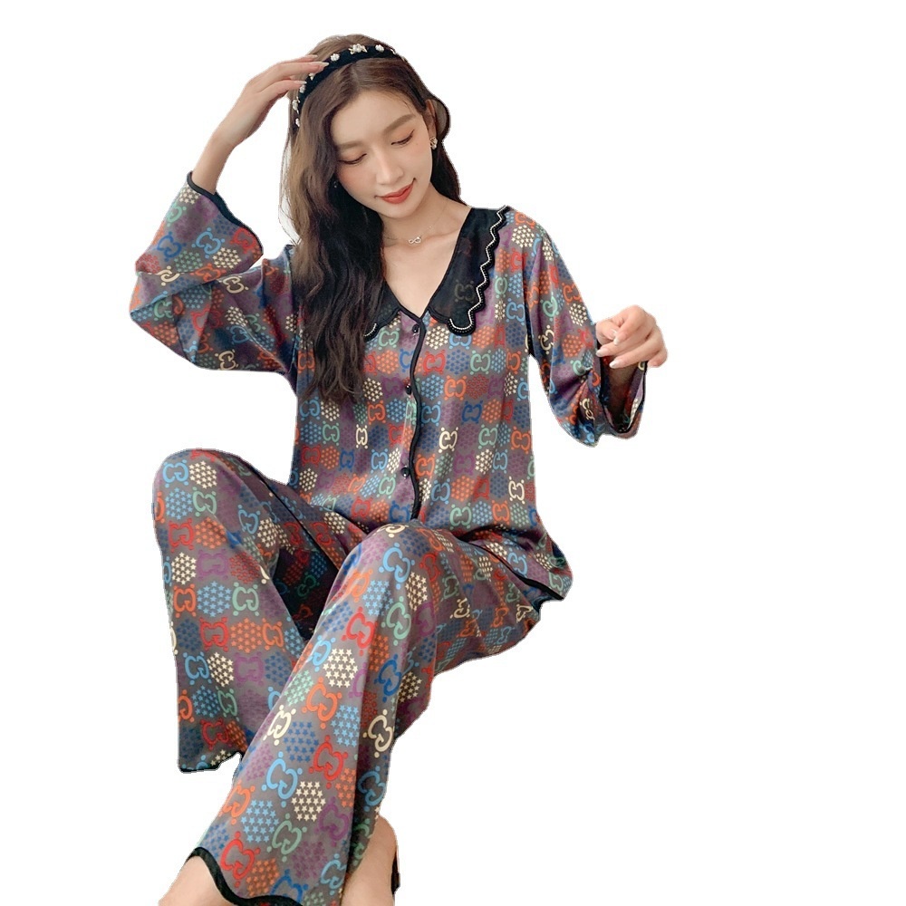 Bộ Đồ Ngủ Lụa Dài Tay In Họa Tiết Mới Cho Nữ