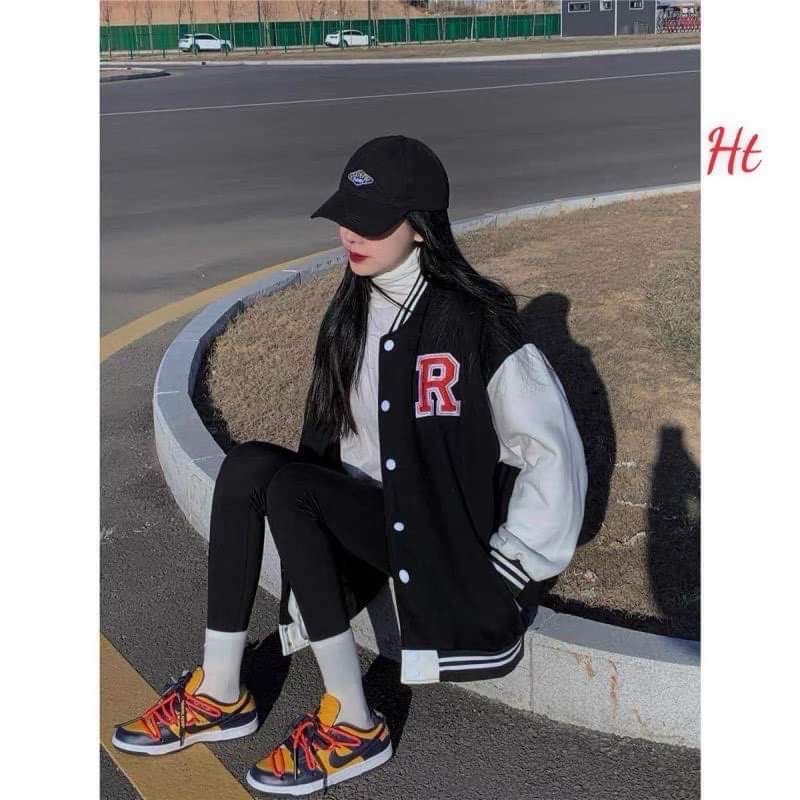Áo khoác bomber nỉ phối tay chữ R màu đỏ HT12