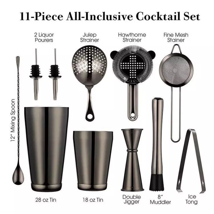 Sét 11 Dụng Cụ Pha Chế Cao Cấp Inox #304 - Màu Shiny Black
