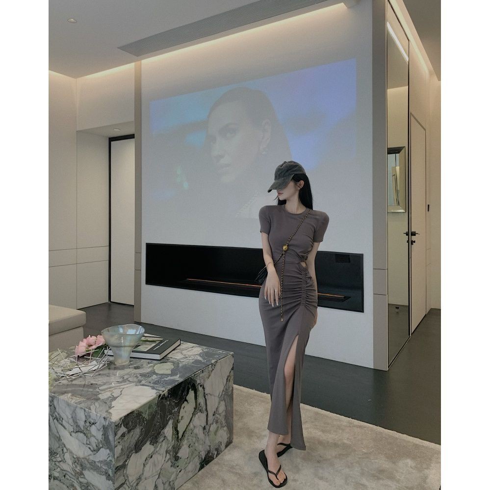 Đầm dài xẻ tà nhấn eo độc đáo thiết kế xếp ly phong cách Hàn Quốc thời trang mùa hè cho nữ 2021