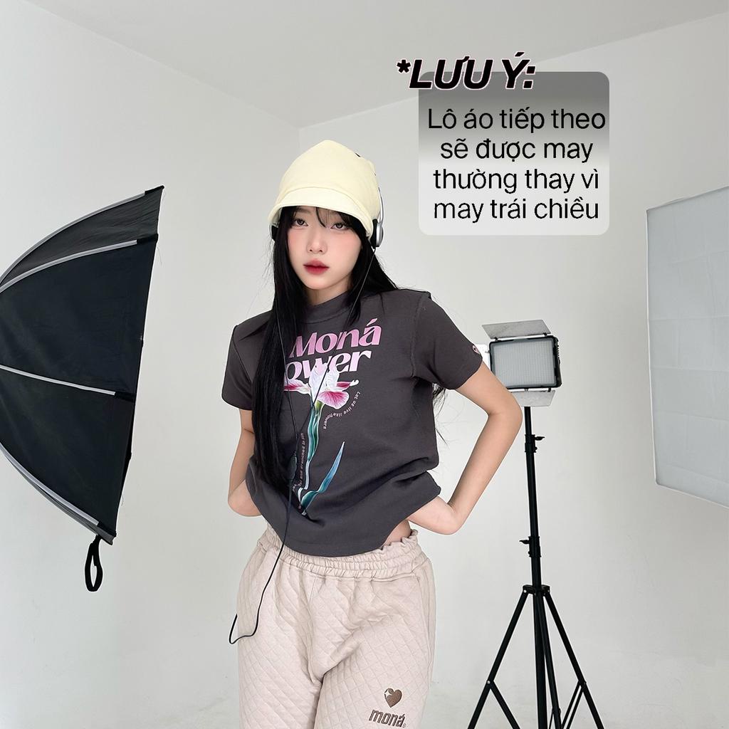 Áo thun baby tee in hoa MONÁ - FLEUR XÁM CHÌ