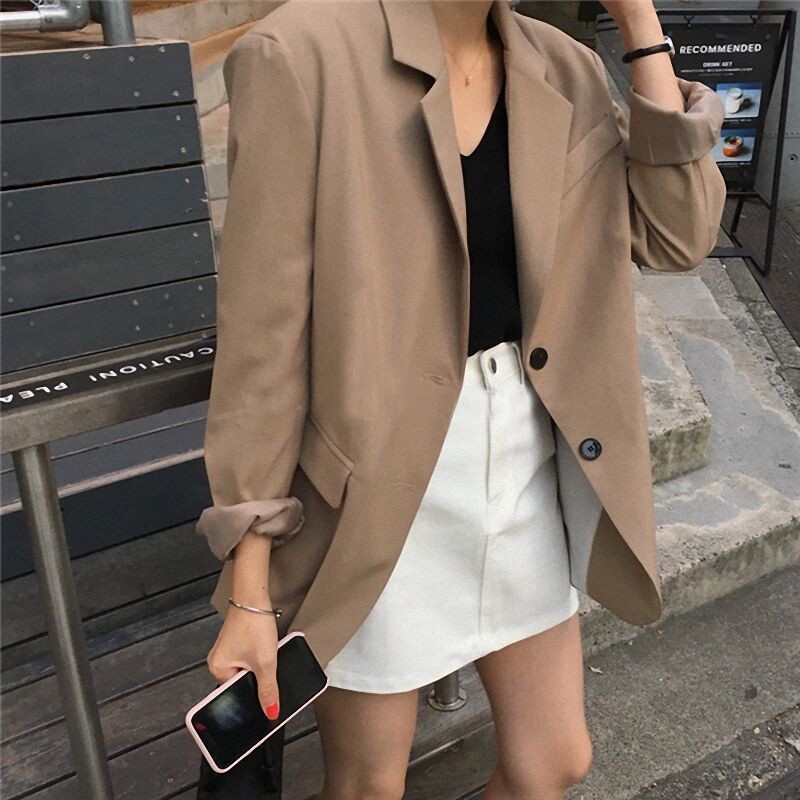 Áo Khoác Vest Màu Đen / Kaki Dáng Rộng Phong Cách Anh Quốc Thời Trang Thu Đông Cho Nữ Blazer