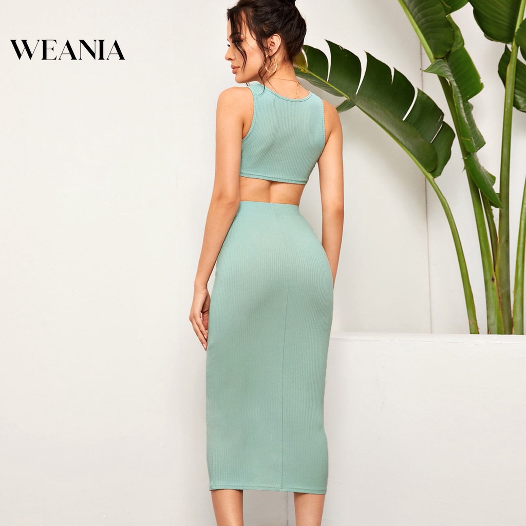 Bộ Áo Tank Top Hai Dây Màu Trơn Phối Chân Váy Dài Lưng Cao Thời Trang