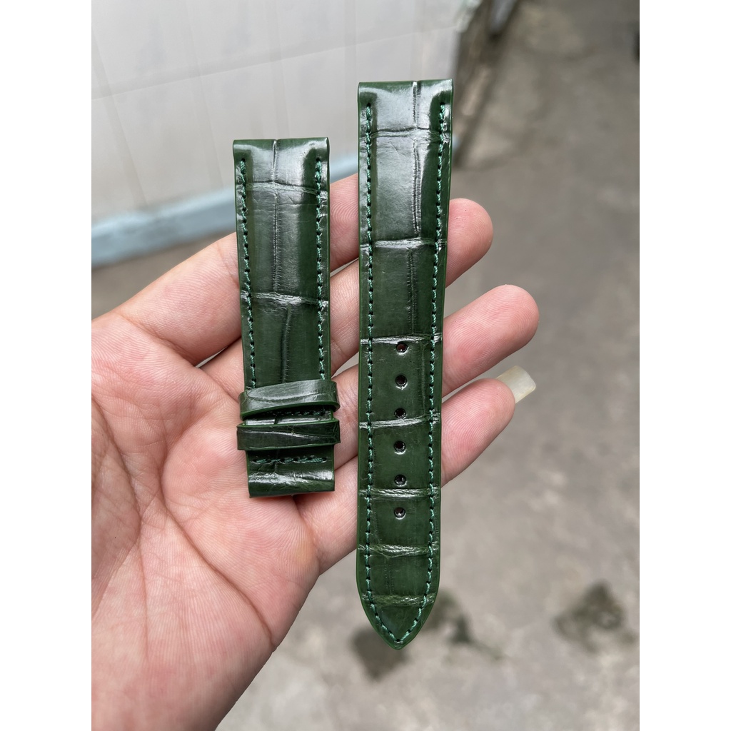 Dây Đồng Hồ Da Cá Sấu Thật Giá Rẻ Vân Đốt Tre, Màu Xanh Lá Size 18mm, 20mm, 22mm
