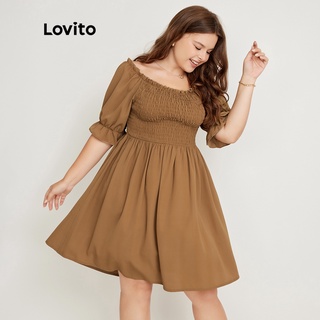 Váy Lovito bigsize curve Cắt tỉa rau diếp cổ vuông trơn Tao nhã LPS02074 (Cà phê)