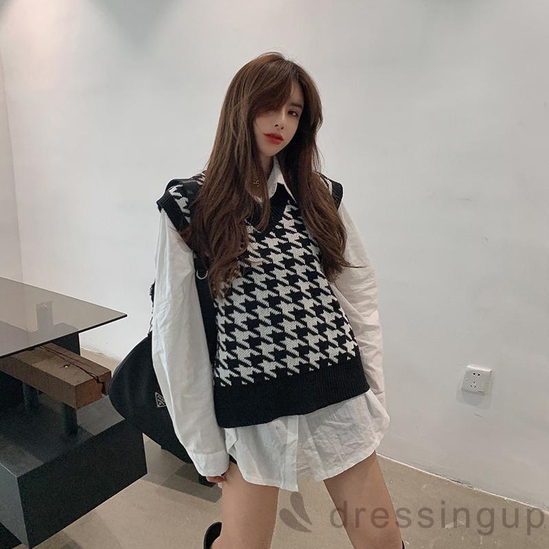 Áo Len Không Tay Dáng Rộng Cổ Chữ V In Họa Tiết Độc Đáo Cho Nữ