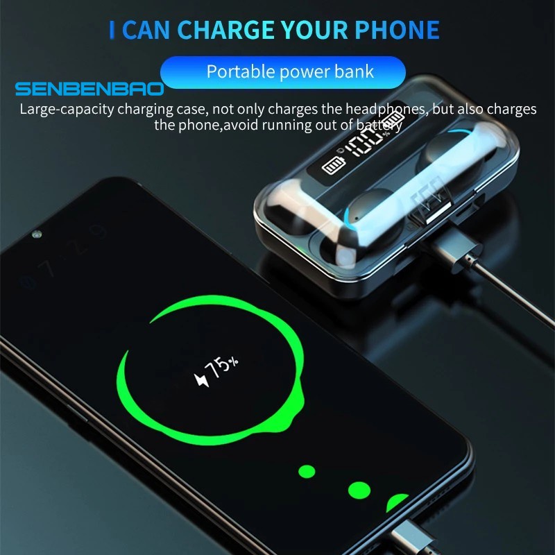Tai Nghe Bluetooth F9 Pro  5.0 Không Dây Cảm Biến Vân Tay , Kiêm Sạc Dự Phòng Cao Cấp Nhiều Màu. Amoi F9