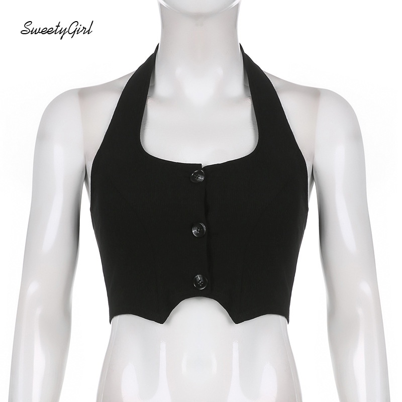 Áo Hai Dây Vải Cotton Ôm Dáng Hở Lưng Phối Hàng Nút Màu Trơn Thời Trang Cho Bạn Gái