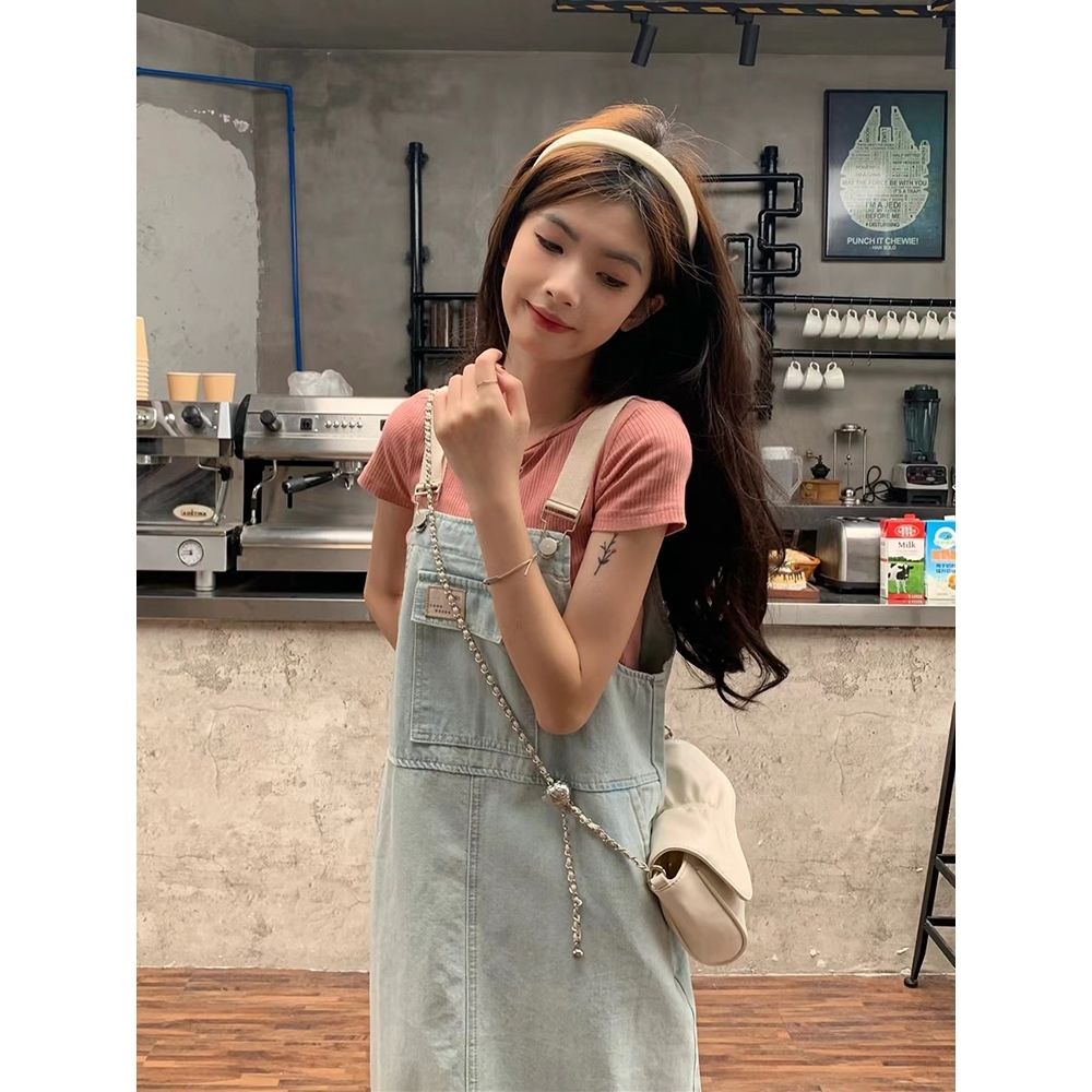 Đầm Yếm Denim Dài Dáng Rộng Phong Cách Preppy Thời Trang Mùa Hè Cho Nữ
