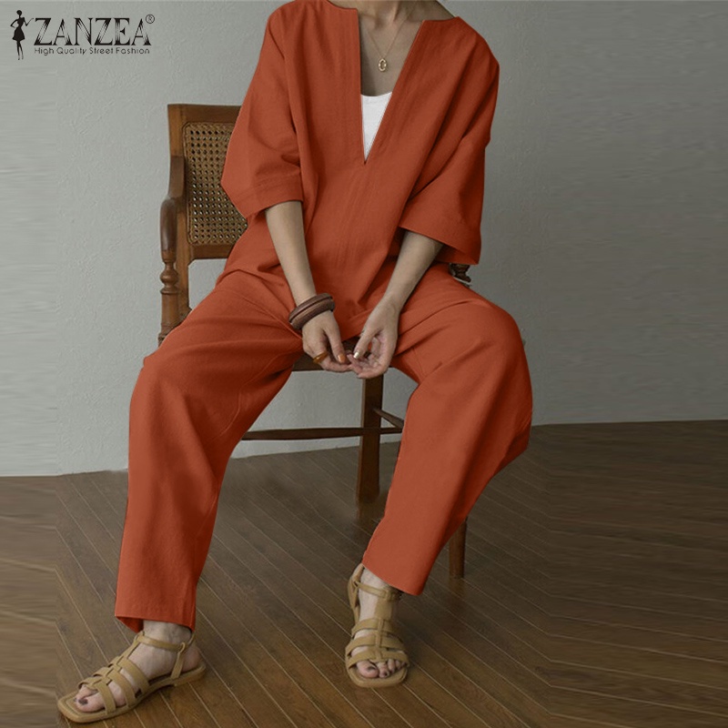 Bộ đồ ZANZEA cổ chữ V tay lỡ phối túi với quần lưng thun đơn giản thời trang dành cho nữ