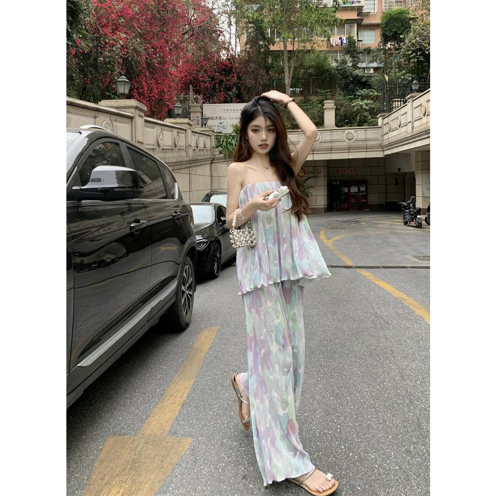 Set Áo chiffon In Họa Tiết Nhiều Màu Sắc + Quần Dài Lưng Cao Xếp Ly Ôm Dáng Thời Trang Cho Nữ