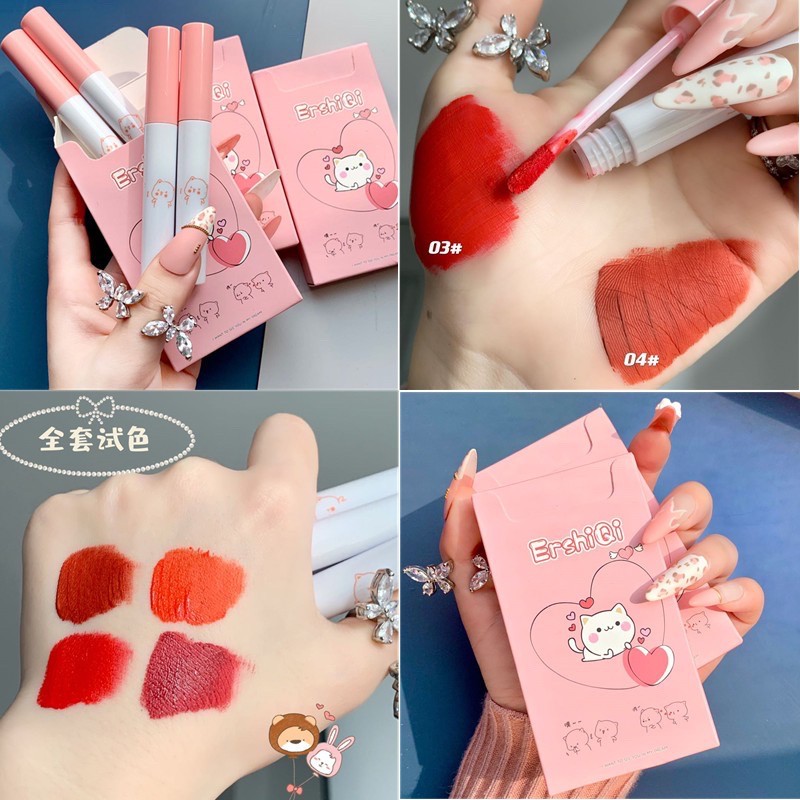 Set 4 cây son kem lì EshiQi hình con mèo kèm hộp đựng hồng xinh xắn fullbox