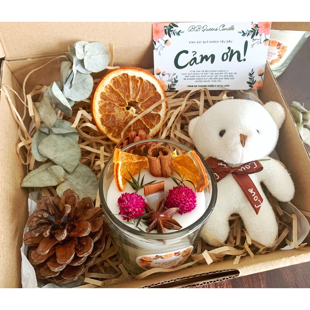 HỘP QUÀ NẾN THƠM trang trí hoa khô 180gr , Hương thơm 4 mùa _ gói set như hình