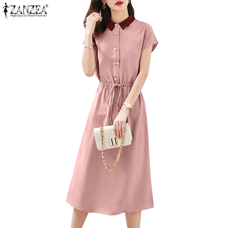 Đầm ZANZEA dài tay ngắn cổ bẻ phối dây rút thời trang cho nữ