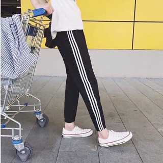 Quần jogger nữ thể thao màu đen 3 sọc trắng chất vải umi hàn dày Quần cotton nữ co dãn 4 chiều mặc thể dục tập gym ở nhà