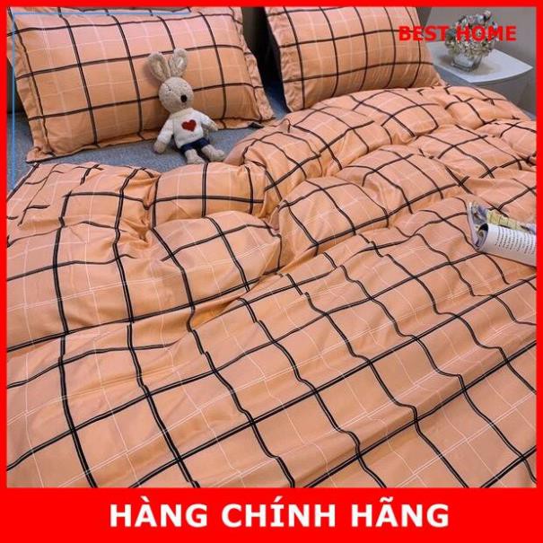 Bộ chăn ga gối cotton poly nhập khẩu kẻ hồng bộ 4 món Chăn, ga , 2 vỏ gối