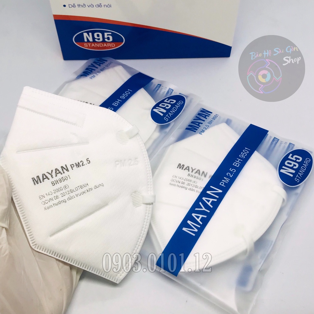 Khẩu trang n95 đệm mũi cao cấp hộp 60 cái, Kn95 chính hãng Mayan pm2.5 BH9501 lớp lọc kháng khuẩn than hoạt tính