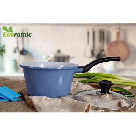 Quánh nấu cháo bột vân đá ceramic chống dính ECORAMIC 18cm nắp kính dùng được bếp từ , hồng ngoại , gas