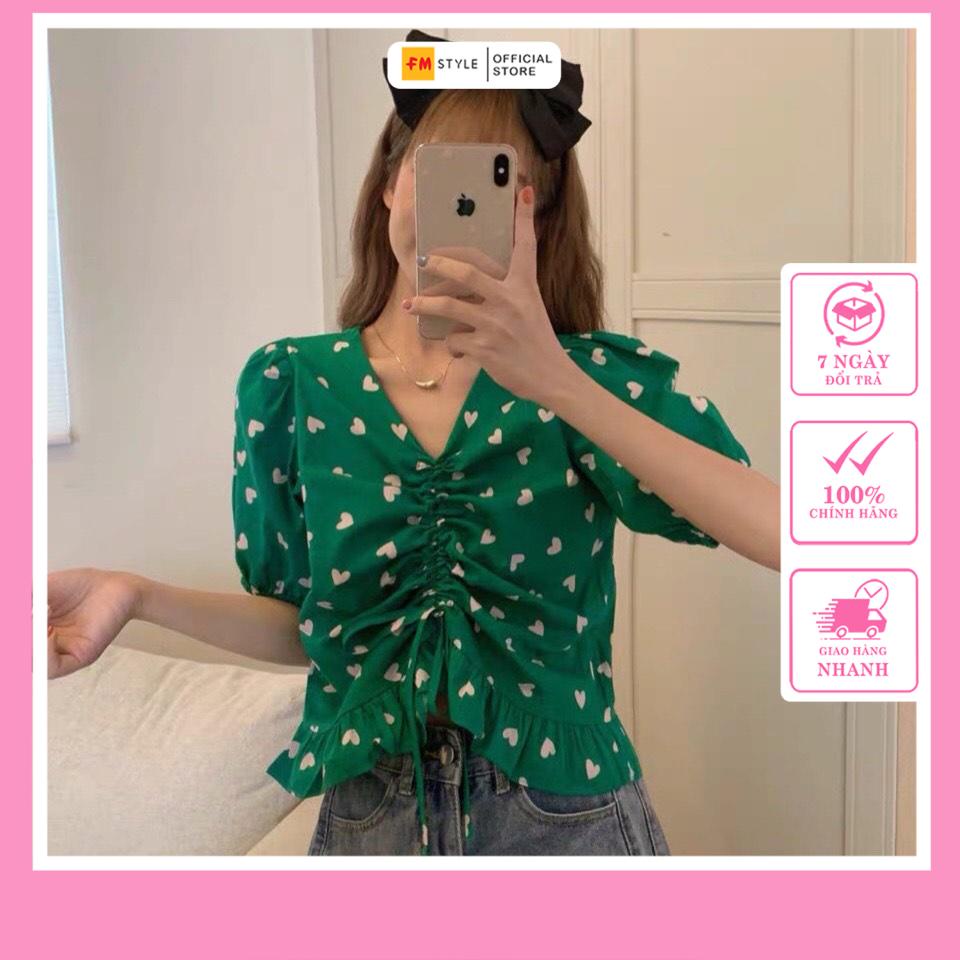 Áo kiểu nữ FM Style nhún eo hàn quốc đẹp hoạt tiết trái tim rút dây tay ngắn cổ tròn siêu xinh 210928032