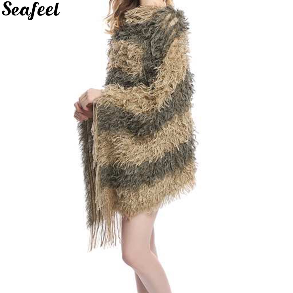 Áo choàng dệt kim phối lông ấm áp cho nữ
 | BigBuy360 - bigbuy360.vn