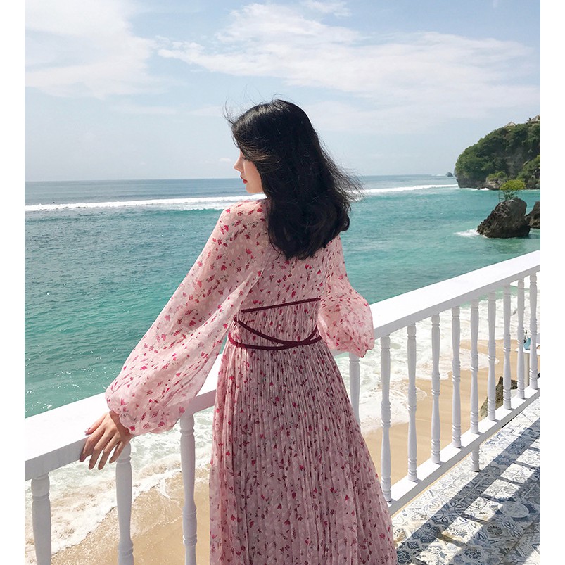 Đầm nữ xinh hàng Quảng Châu  thiết kế dáng dài MIDI họa tiết hoa nhí hồng  phong cách cô nàng tiểu thư đẹp dịu dàng