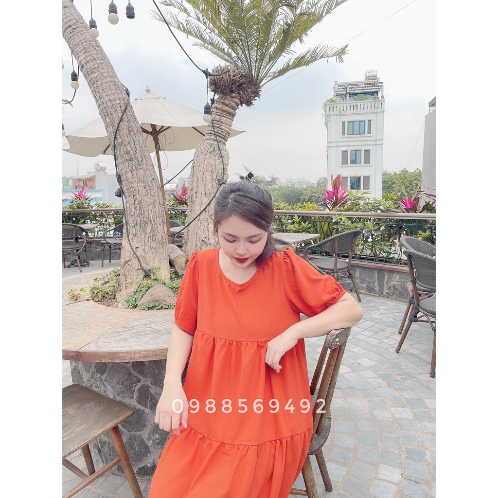 Váy bầu bigsize - Đầm bầu thiết kế GuMe màu CAM ĐẤT CỔ TIM BUỘC NƠ SAU chất vải sạn lụa size từ 40-100kg MB219