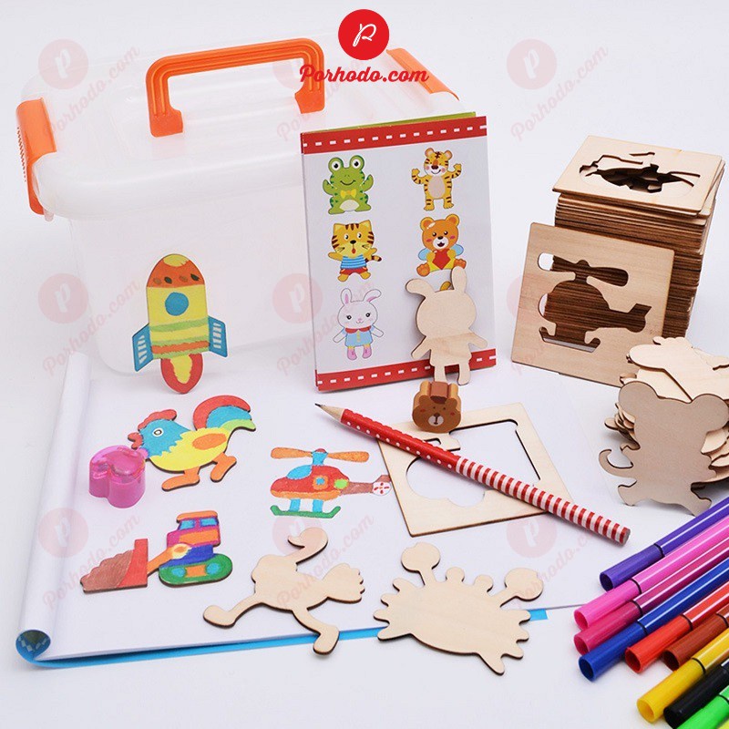 Bộ đồ chơi Khuôn vẽ hình gỗ an toàn cho bé tập vẽ gồm 48 chi tiết hoạt hình + Bút màu + Bút chì Kami TN211103