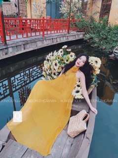 Đầm maxi dập ly hở lưng 3 màu