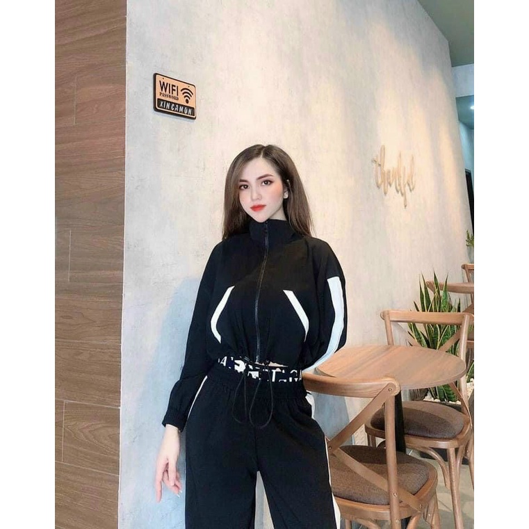 SÉT BỘ THỂ THAO NỮ PHỐI SỌC GỒM ÁO DÂY KÉO CỔ BẺ TAY DÀI + QUẦN DÀI BO ỐNG CÓ TÚI TRẺ TRUNG NĂNG ĐỘNG 852