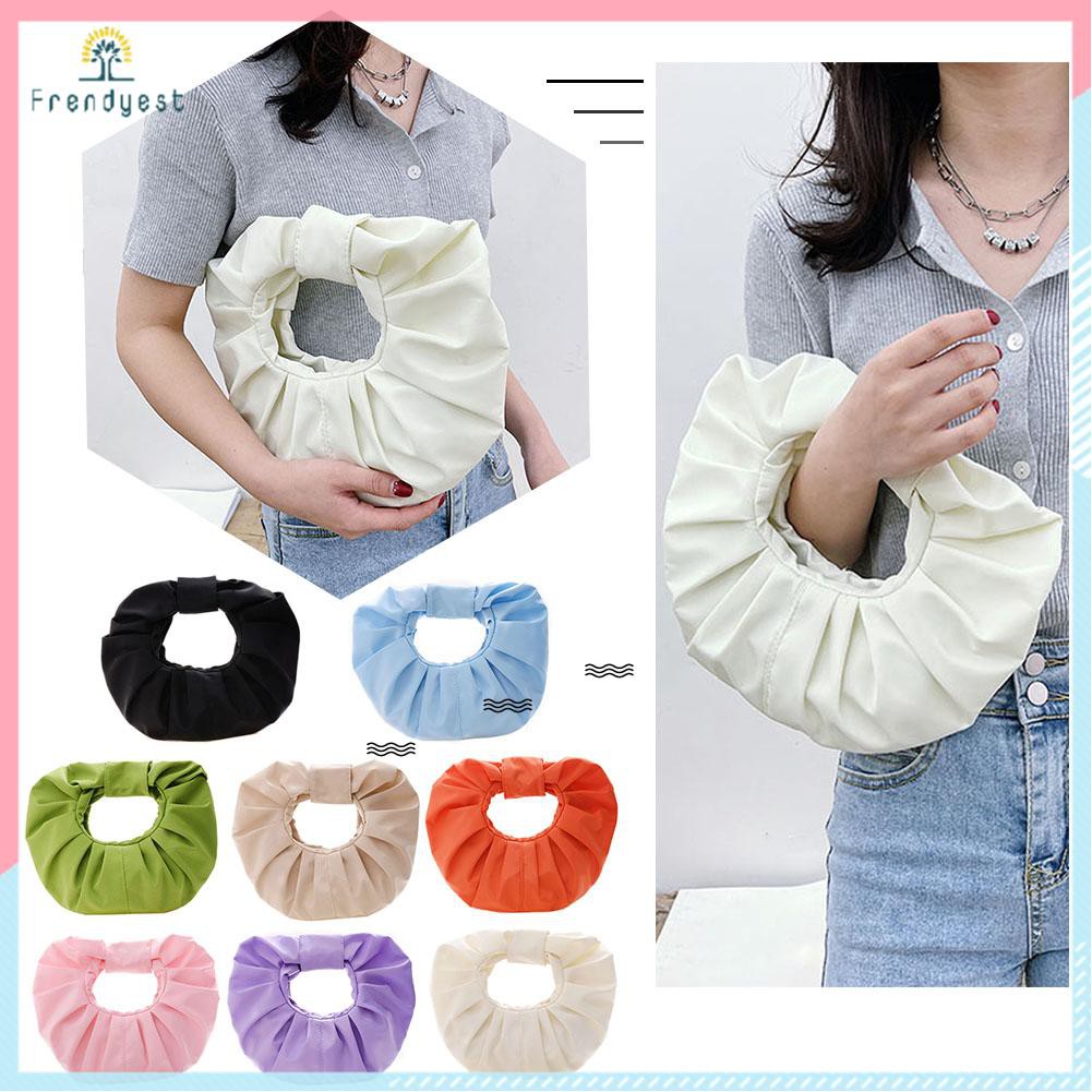 Túi xách hình tròn bằng da PU họa tiết xếp ly nhỏ màu trơn thời trang cho nữ