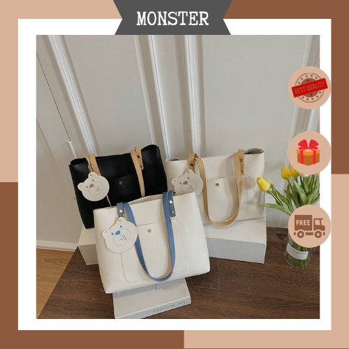 Túi TOTE công sở da PU lì móc gấu Size 30, Túi đựng vừa laptop giấy A4 đi học đi chơi cực xinh