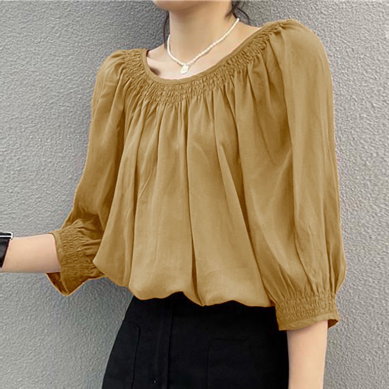 Áo Sơ Mi Chiffon Cổ Tròn Dáng Rộng Màu Sắc Đơn Giản Cho Nữ