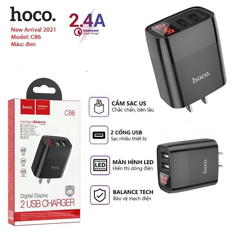 Cốc Sạc Nhanh Chính Hãng HOCO C86 - Củ Sạc Nhanh 2 Cổng USB Max 2.4A -  Dành Cho IPhone/Androids