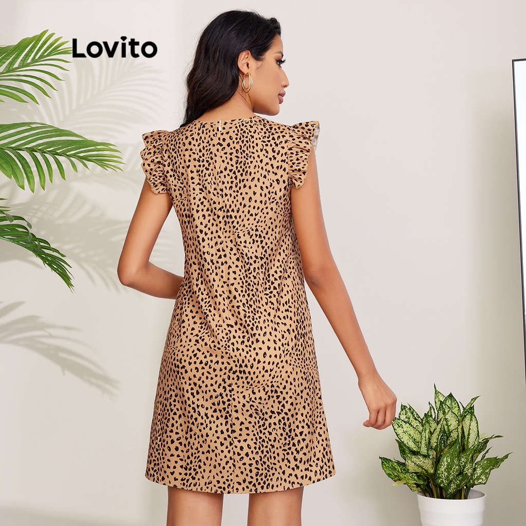 Đầm Lovito tay diềm xếp nếp họa tiết da báo phong cách thường ngày L27LD050 (màu nâu)