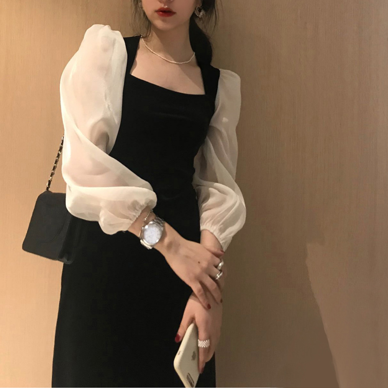 Váy Xiaozhainv cổ vuông tay dài phong cách Hàn Quốc thanh lịch cho nữ | BigBuy360 - bigbuy360.vn