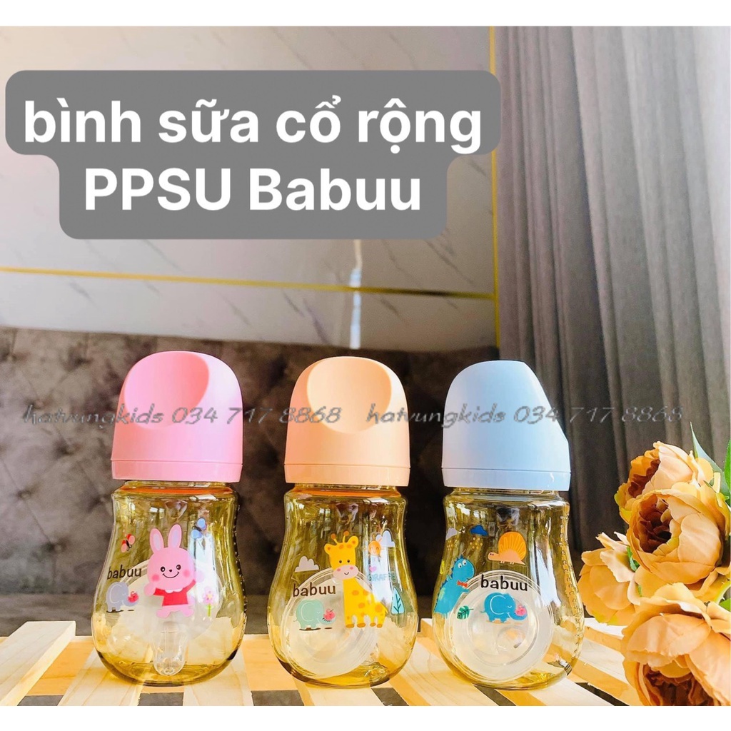 Bình sữa Babuu cổ rộng PPSU cao cấp 240ml, 300ml  kèm tay cầm ( tặng 1 núm siêu mềm)
