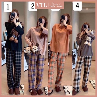 Bộ đồ quần kẻ mặc nhà dài tay thu đông dễ thương