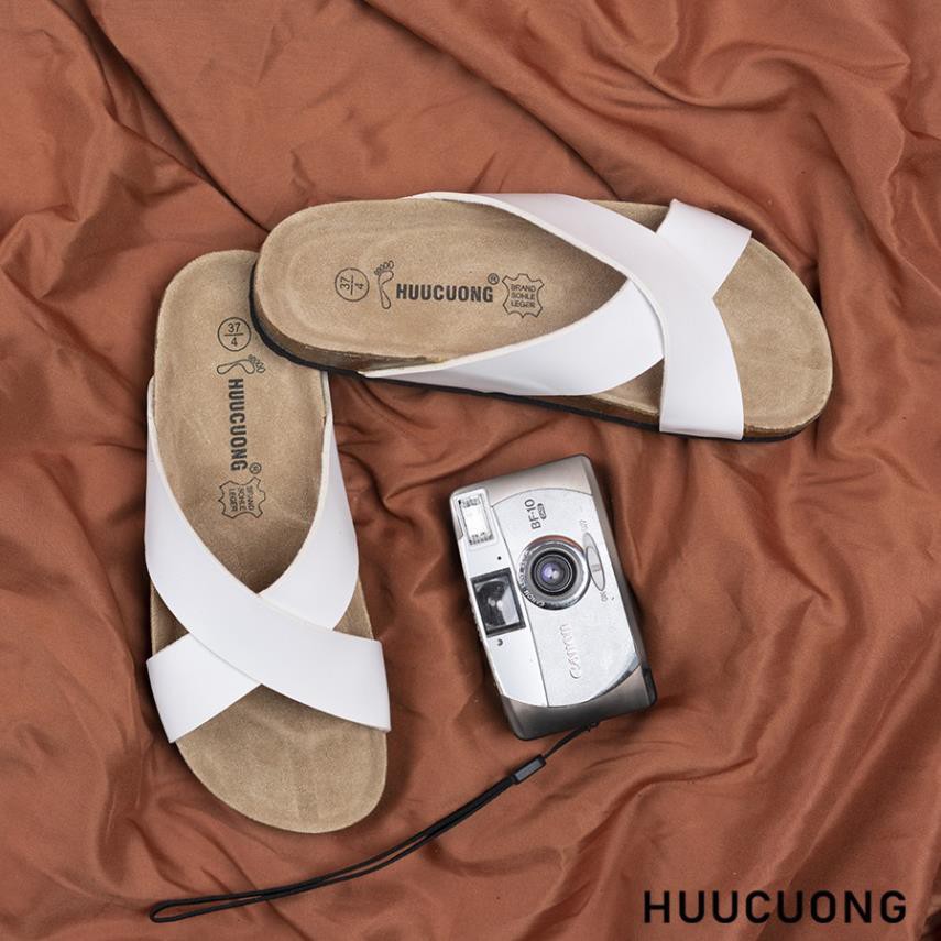 Dép unisex HuuCuong quai chéo màu trắng đế trấu hanmade
