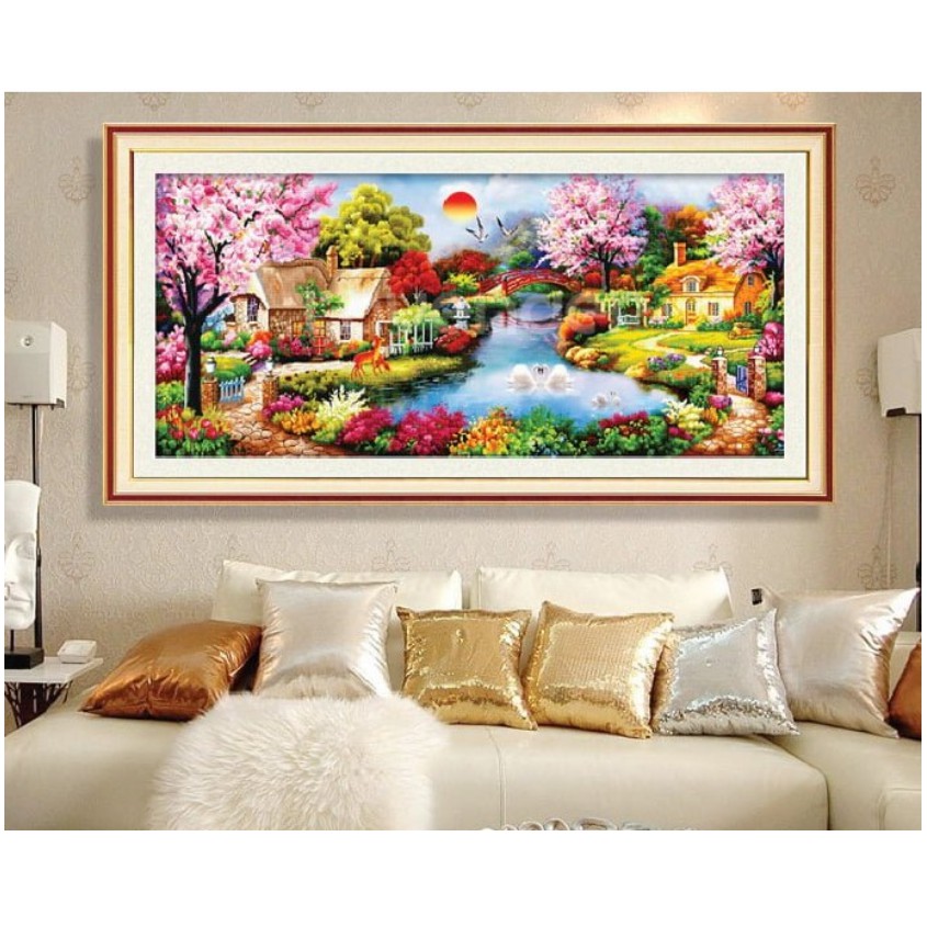 Tranh Đính Đá PHONG CẢNH TỔ ẤM HẠNH PHÚC. Kích Thước: 1m2 x 60cm - 1m6 x 75cm - 1m8 x 80cm