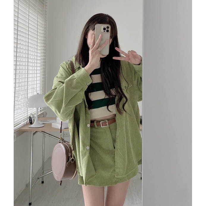 [NEW]SET ÁO TĂM NHUNG MIX CHÂN VÁY KÈM ĐAI DA style Ulzzang