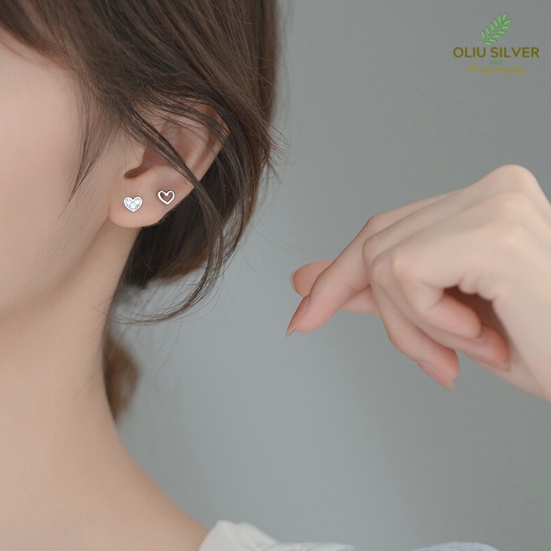 Bông Tai Bạc S925 Trái Tim Nhí Little Heart Bất Đối Xứng Dễ Thương | Khuyên Tai Nữ Trang Sức Bạc Thời Trang