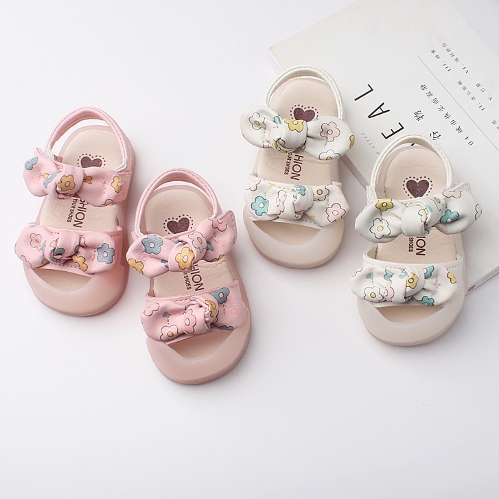 Dép sandal bé gái thời trang tập đi 0-3 tuổi đính nơ quai dán ngang chống trơn chống vấp cho bé
