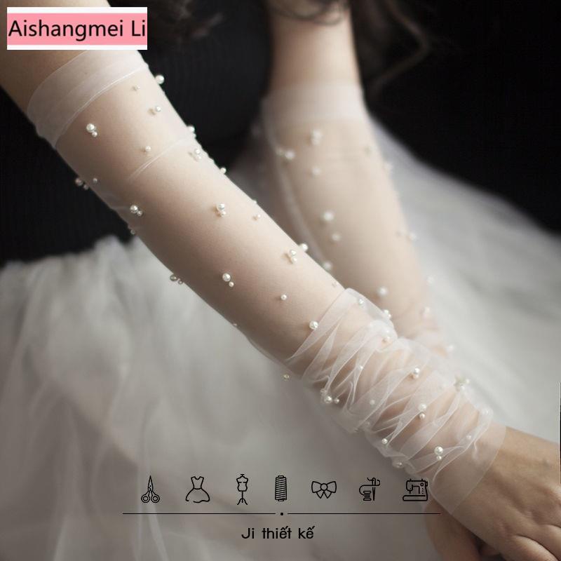 [Aishang Trang Sức Đẹp] Găng Tay Cô Dâu Màu Trắng Đính Ngọc Trai Găng Tay Gạc Dáng Ngắn Dùng Khi Chụp Ảnh Du
