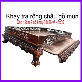 Khay trà rồng gỗ mun,Khay trà chân quỳ cao 12cm cỡ nhỏ 38x26,to 45x35