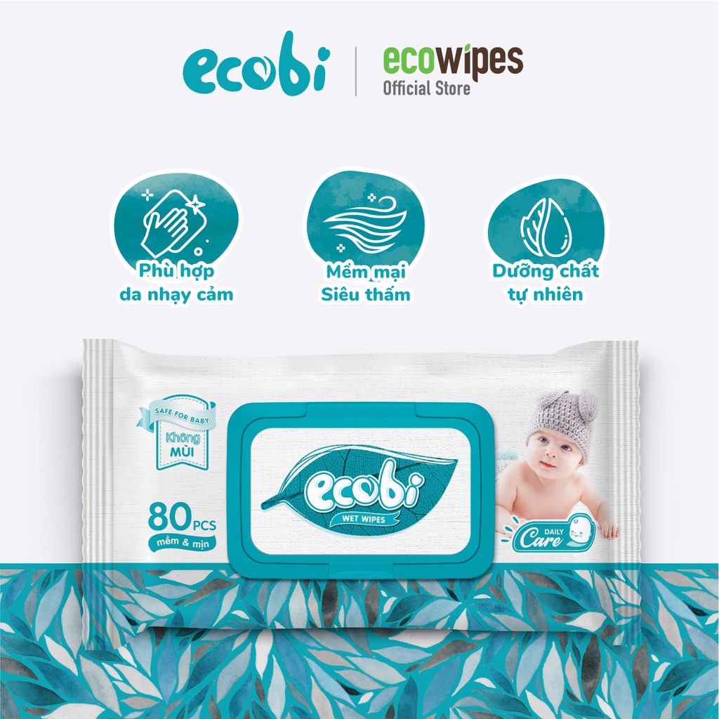 Combo 5 gói KHĂN ƯỚT EM BÉ ECOBI 80 tờ - Không mùi