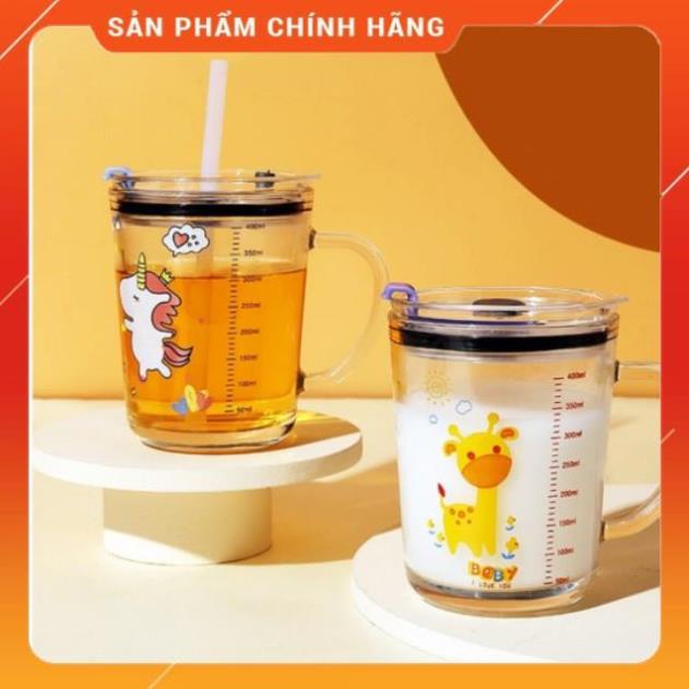 Ly Thủy Tinh Nắp Đậy Kẻ Vạch Tặng Kèm Ống Hút Dùng Uống Sữa , Nước Trái Cây 400ml