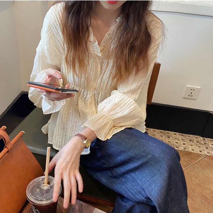 Áo tiểu thư bèo dập ly cổ V Ulzzang vintage - u.w