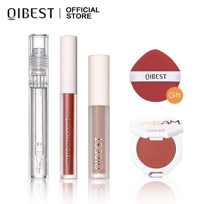 Set mỹ phẩm QIBEST gồm son bóng + son môi + kem che khuyết điểm + má hồng + mút trang điểm